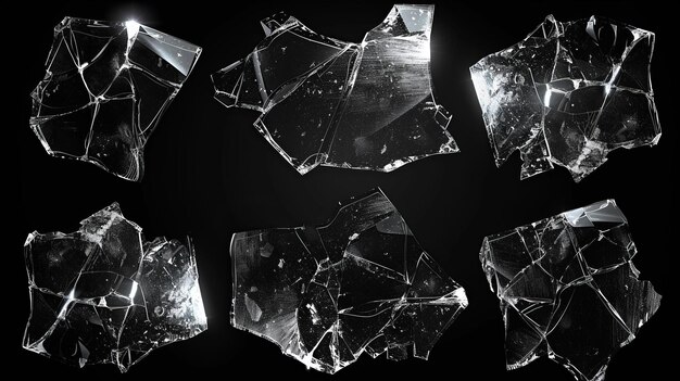 Photo a set of cracked and chipped broken glass on a black background abstract collage with cracked glass texture broken glass effect for design