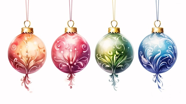 Photo set of creative merry christmas balls for christmas tree decoration watercolor collection