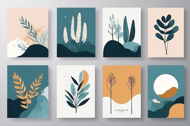 Photo set of creative minimalist hand painted illustrations for wall decoration