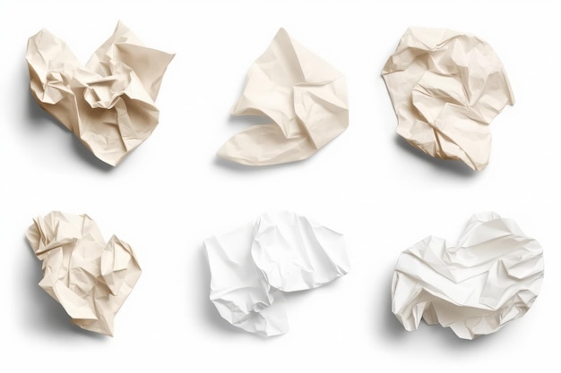 Set of crumpled sheets of different paper damaged collage Used waste surface paper Generate Ai