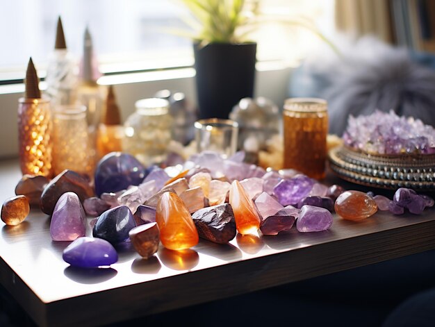 Photo set crystals and semiprecious stones in interior healing crystals