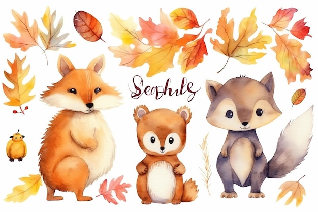 Set of cute animals autumn tree and leaves with hello autumn word painted in watercolor on a white isolated background Generative AI