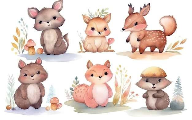 A set of cute animals in different poses.