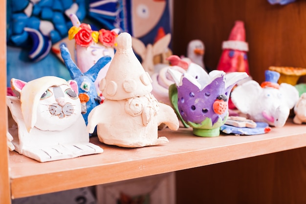 Set of cute animals made from modeling clay by children