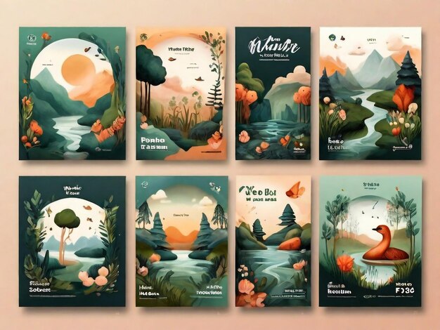 Set of cute autumn illustrations Vector templates for card poster flyer cover and other use Trendy retro style