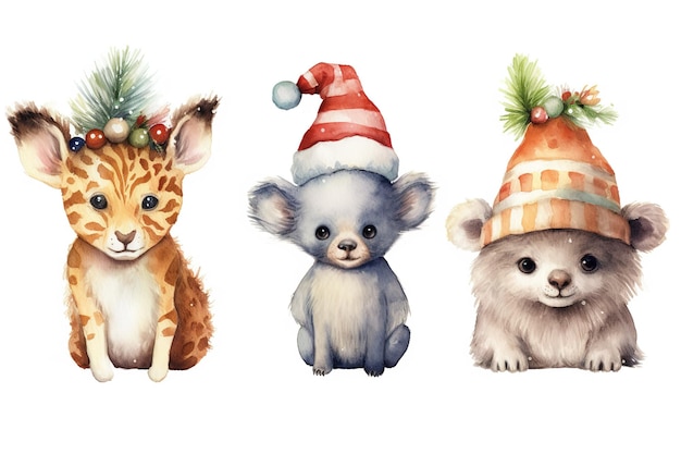 Set of cute baby safari animals wearing Christmas hat painted in watercolor on a white isolated background