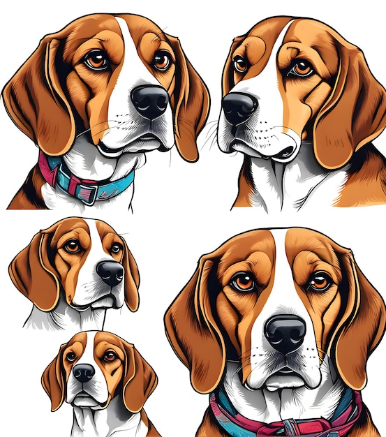 Set of cute beagle dogs portrait art illustration wall art print in white background