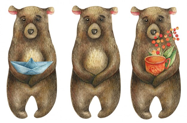 set of cute brown bears holding a paper boat and an orange cup with a branch of berries