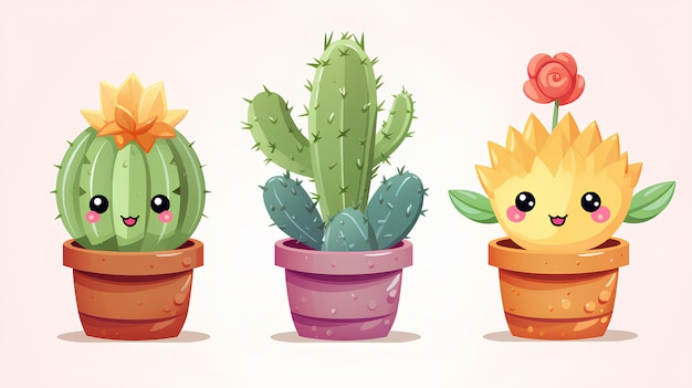 set of cute cactus with kawaii cartoon character