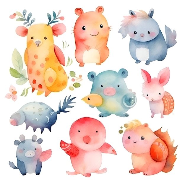 Set of cute cartoon animals Watercolor illustration isolated on white background