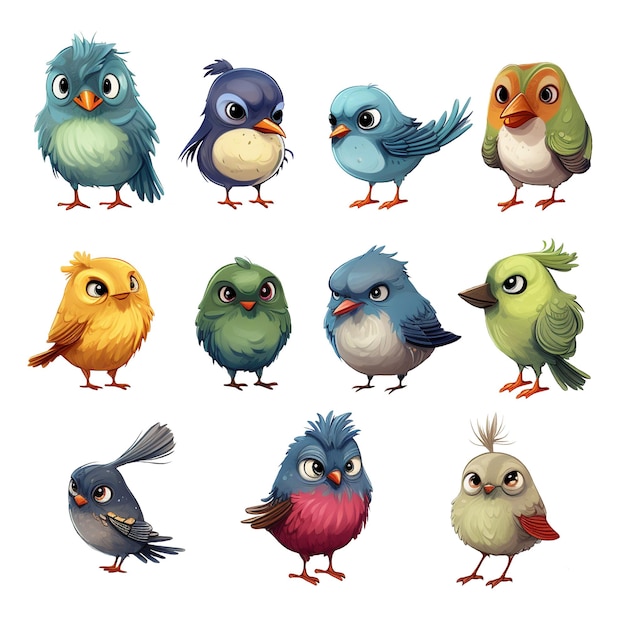 A set of cute cartoon birds on a transparent background