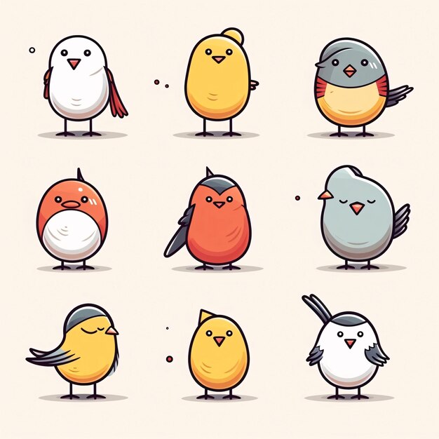 Set of cute cartoon birds Vector illustration Isolated on white background