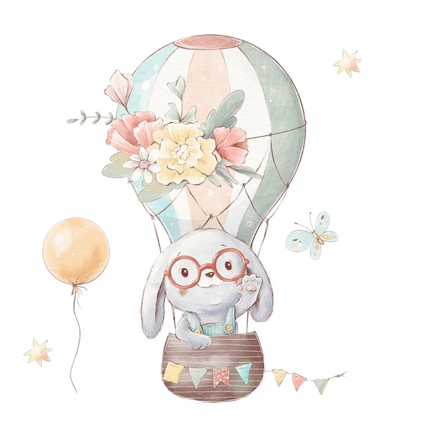 Set of cute cartoon bunny in a hot air balloon