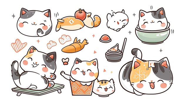 Photo a set of cute cartoon cat illustrations the cats are in various poses and are surrounded by food and other objects