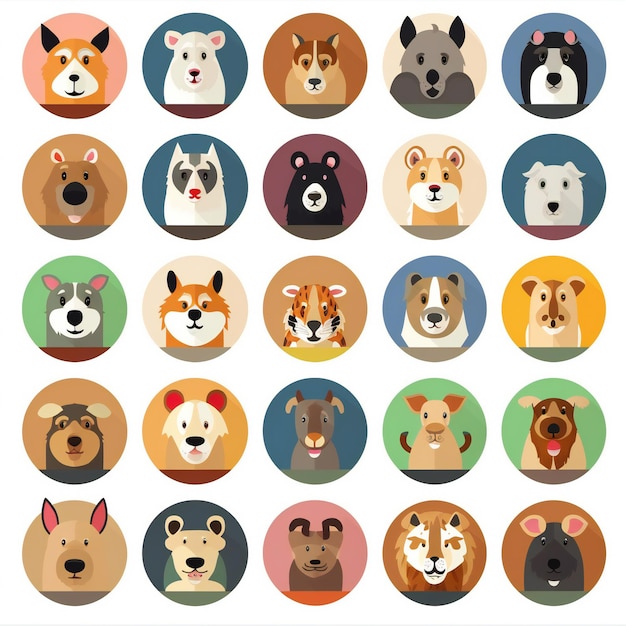 Set of cute cartoon dogs icons in flat style