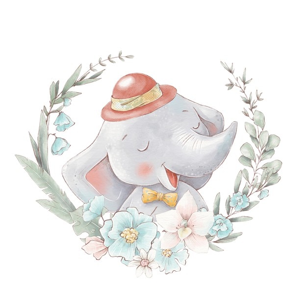 set of cute cartoon elephant in a hot air balloon. watercolor illustration.