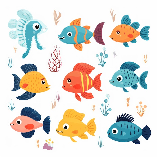 Set of cute cartoon fishes illustration isolated on white background Generative AI