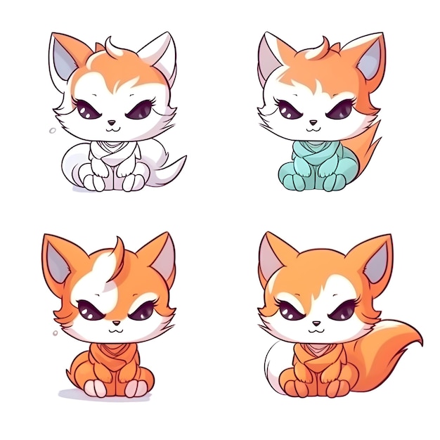 Set of cute cartoon foxes Vector illustration isolated on white background