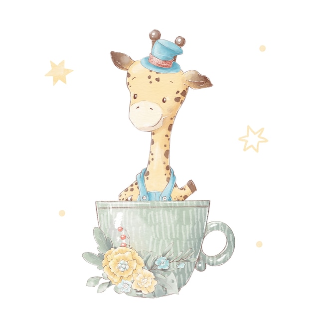 Set of cute cartoon giraffe in a cup. Watercolor illustration