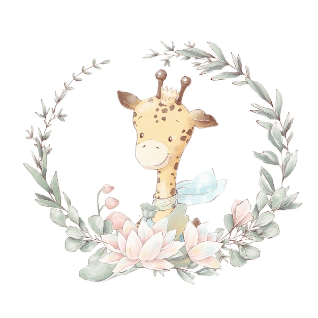 Set of cute cartoon giraffe in a cup. Watercolor illustration.