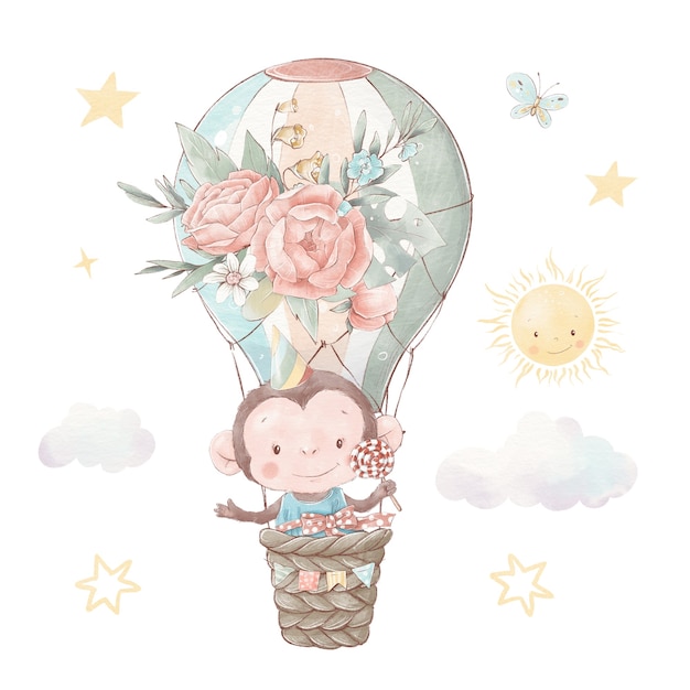 Set of cute cartoon monkey in a hot air balloon. watercolor\
illustration.