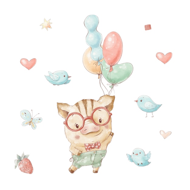 Set of cute cartoon pig in glasses with balloons birds and berries