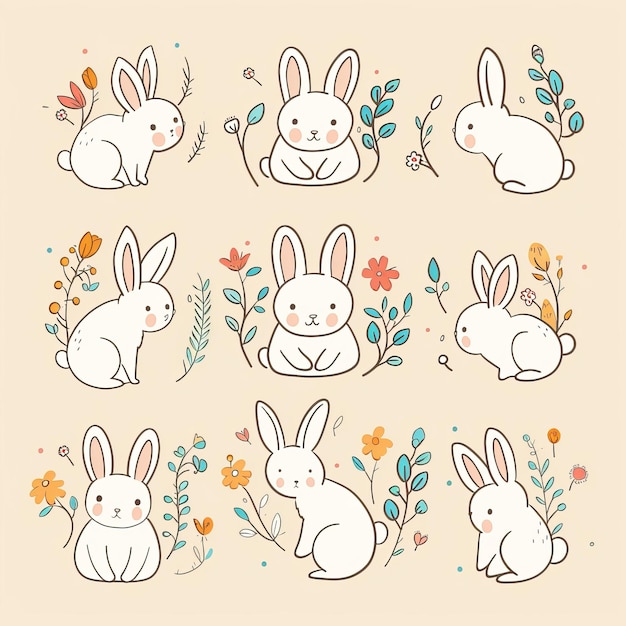 Photo set of cute cartoon rabbits with flowers and leaves vector illustration