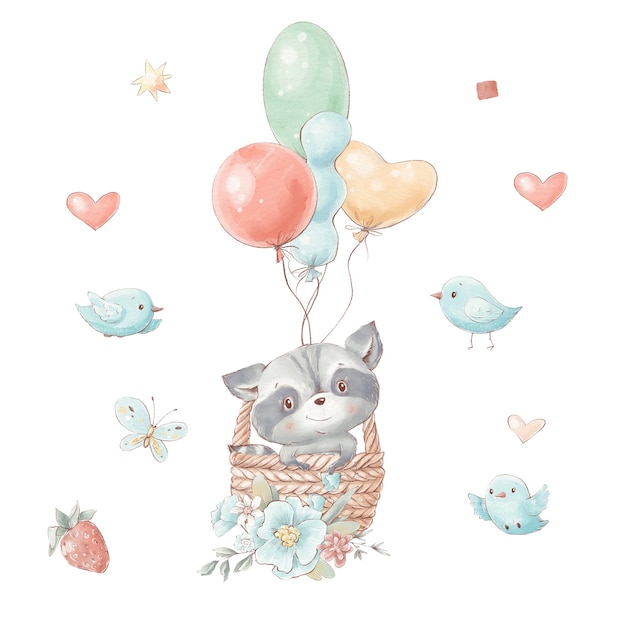 Set of cute cartoon raccoon flies in a balloon with flowers.