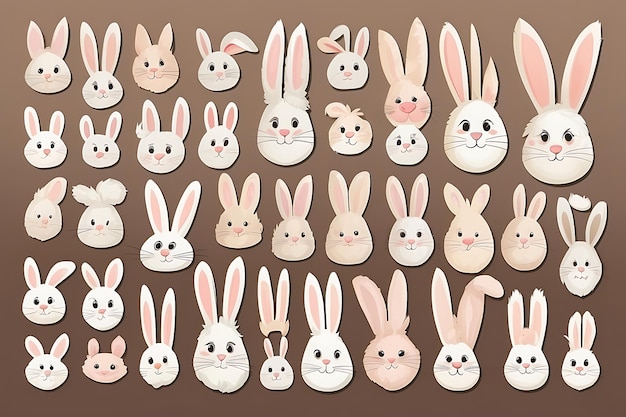 Set of cute cartoon white rabbits with different emotions