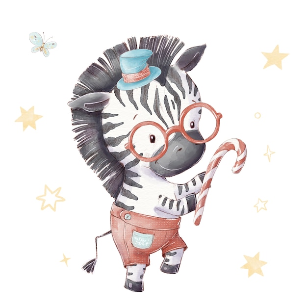 Set of cute cartoon zebra in hat and glasses. Watercolor illustration.