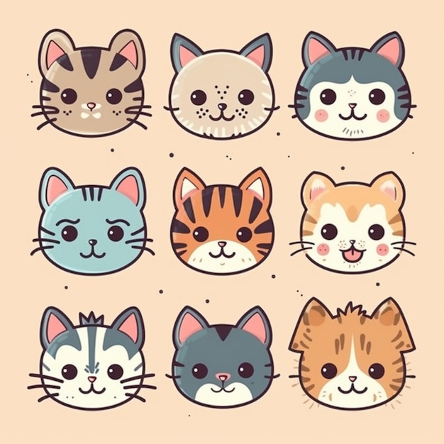 a set of cute cats with different faces generative ai