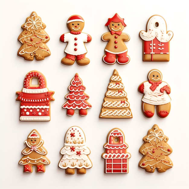 Photo set of cute christmas cookies of different shapes on a white background