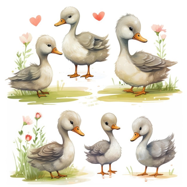 Set of cute ducklings on a white background