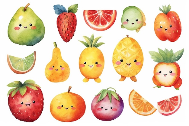 Set of cute fruit character painted in watercolor on a white isolated background Generative AI