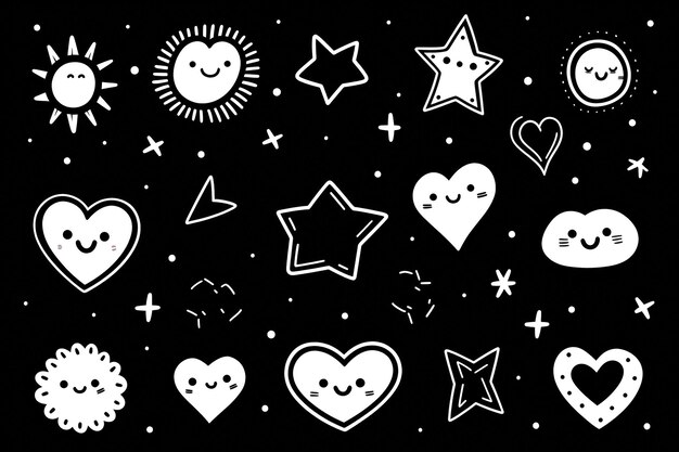 Photo set of cute hand drawn doodle stars hearts clouds and sun isolated on black background