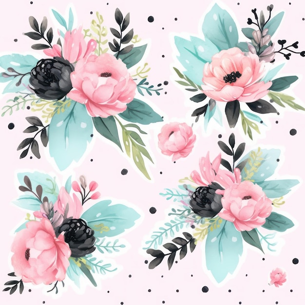 Set of cute hand drawn flowers leaves and berries Vector illustration