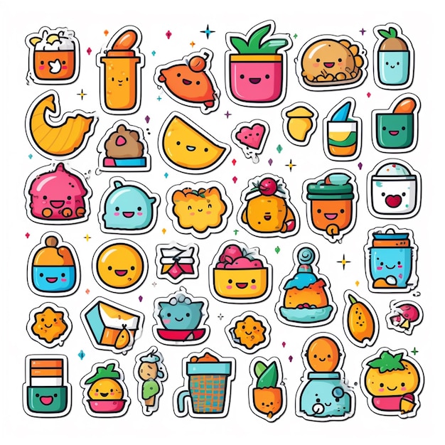 a set of cute kawai stickers with different types of food generative ai