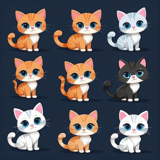 Photo set of cute little cats cartoon