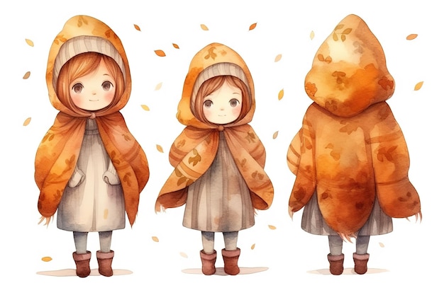Photo set of cute little girl wearing autumn cloth and shawl painted in watercolor on a white isolated background generative ai