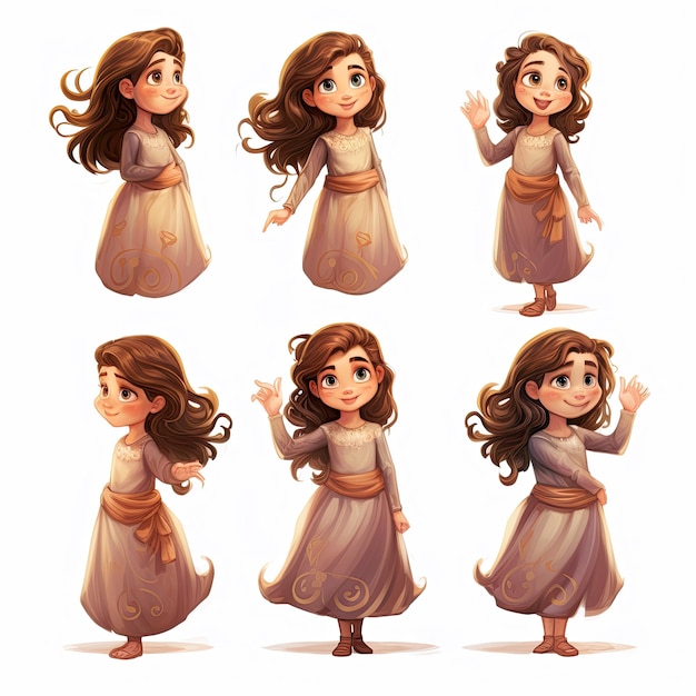 Set of cute little princess with long curly hair Vector cartoon illustration