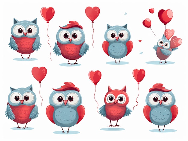 Set of cute owl floating with love flat design style vector illustration for Valentines Day