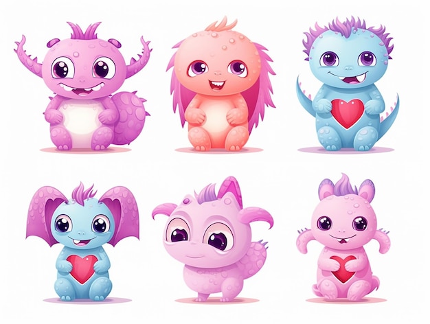 Set of cute pink heart cartoon monsters illustration