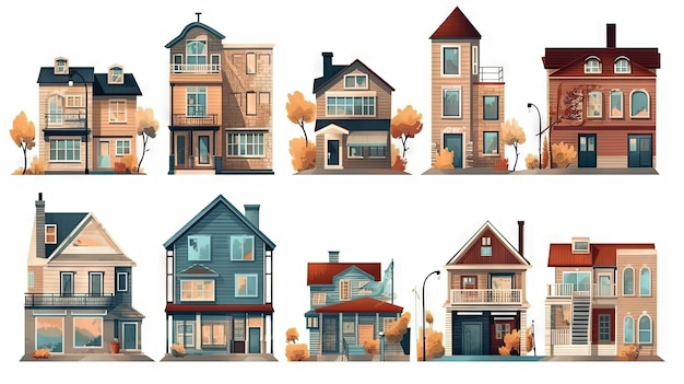 Набор симпатичных жилых домов по соседству. Пригородная архитектура или деревенские коттеджи. Сгенерировано AI.