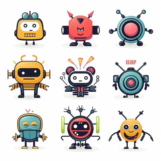 Photo set of cute robots with different emotions vector illustration in cartoon style