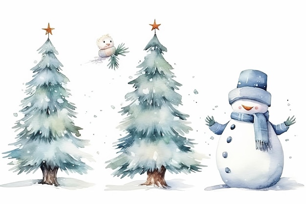 Set of Cute Snowman with snow and tree in winter season painted in watercolor on a white isolated background Generative AI