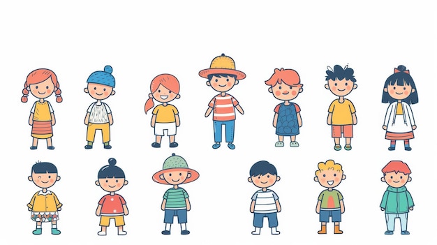 Photo a set of cute and stylish children characters in a flat design style this is a minimal modern illustration