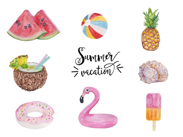 Set of cute summer vacation objects food drinks fruits flamingos and shell  collection of isolated w...