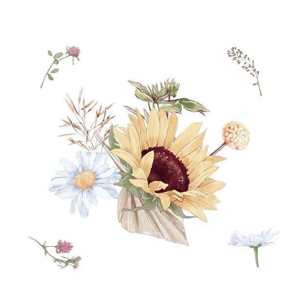 Set di simpatici girasoli fiori rami e foglie. illustrazione ad acquerello