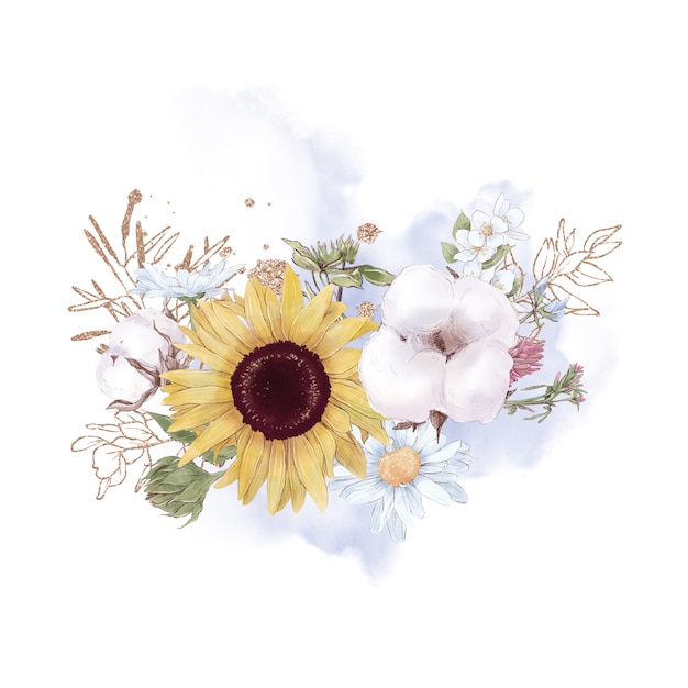 Set of cute sunflowers flowers branches and leaves. Watercolor illustration