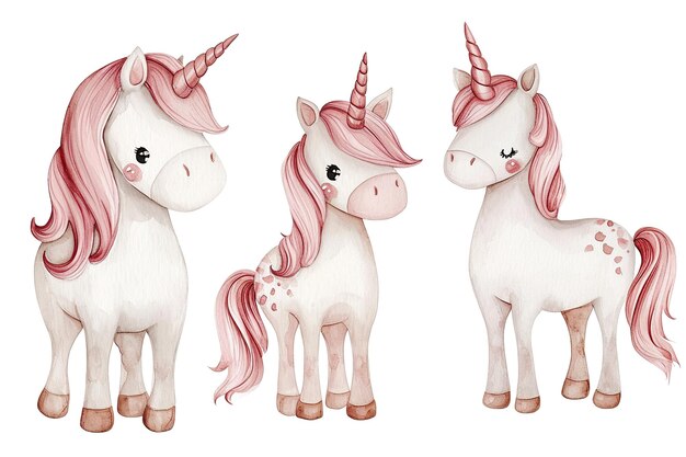 Set of cute unicorn in different poses watercolor